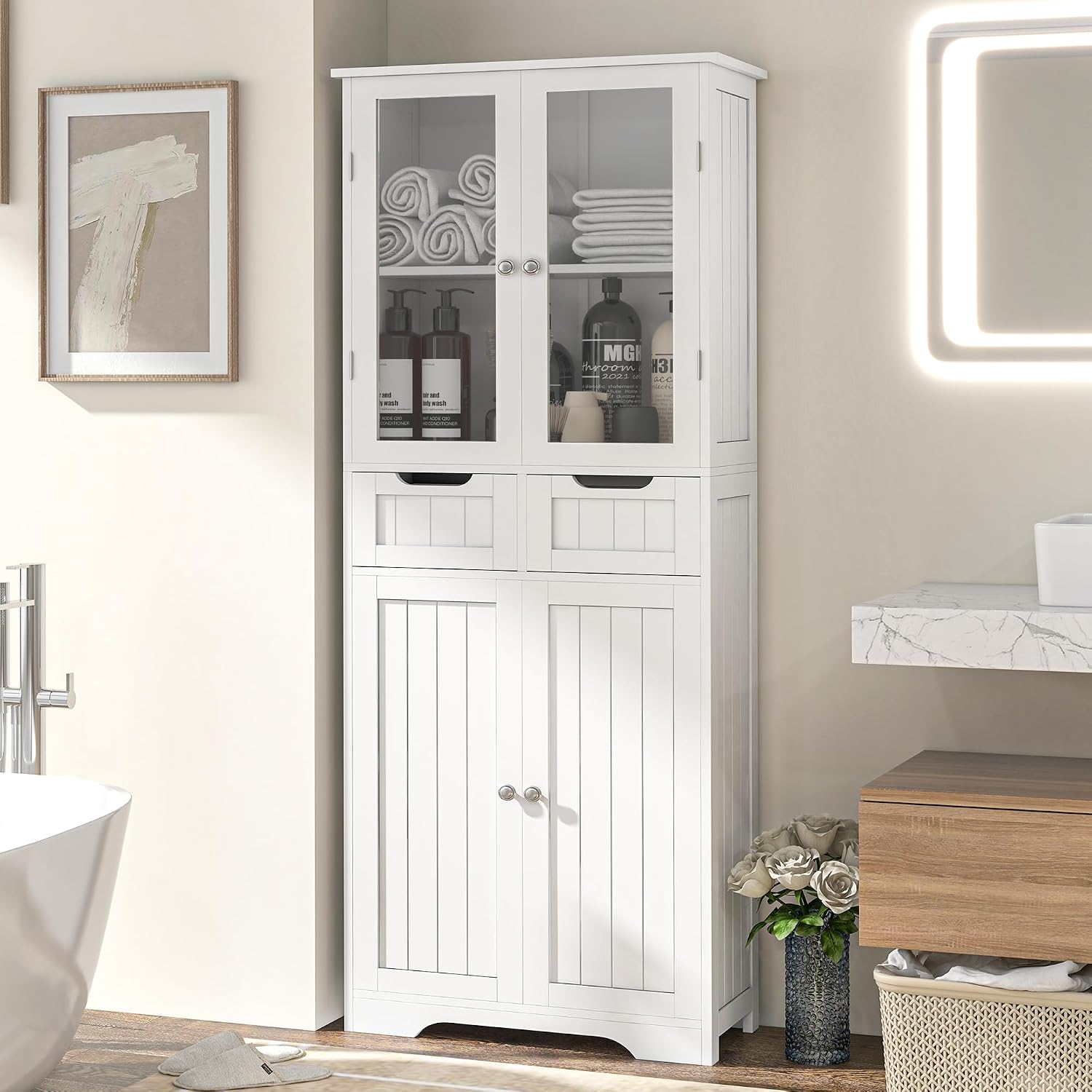 White Glass Tall Storage Cabinet