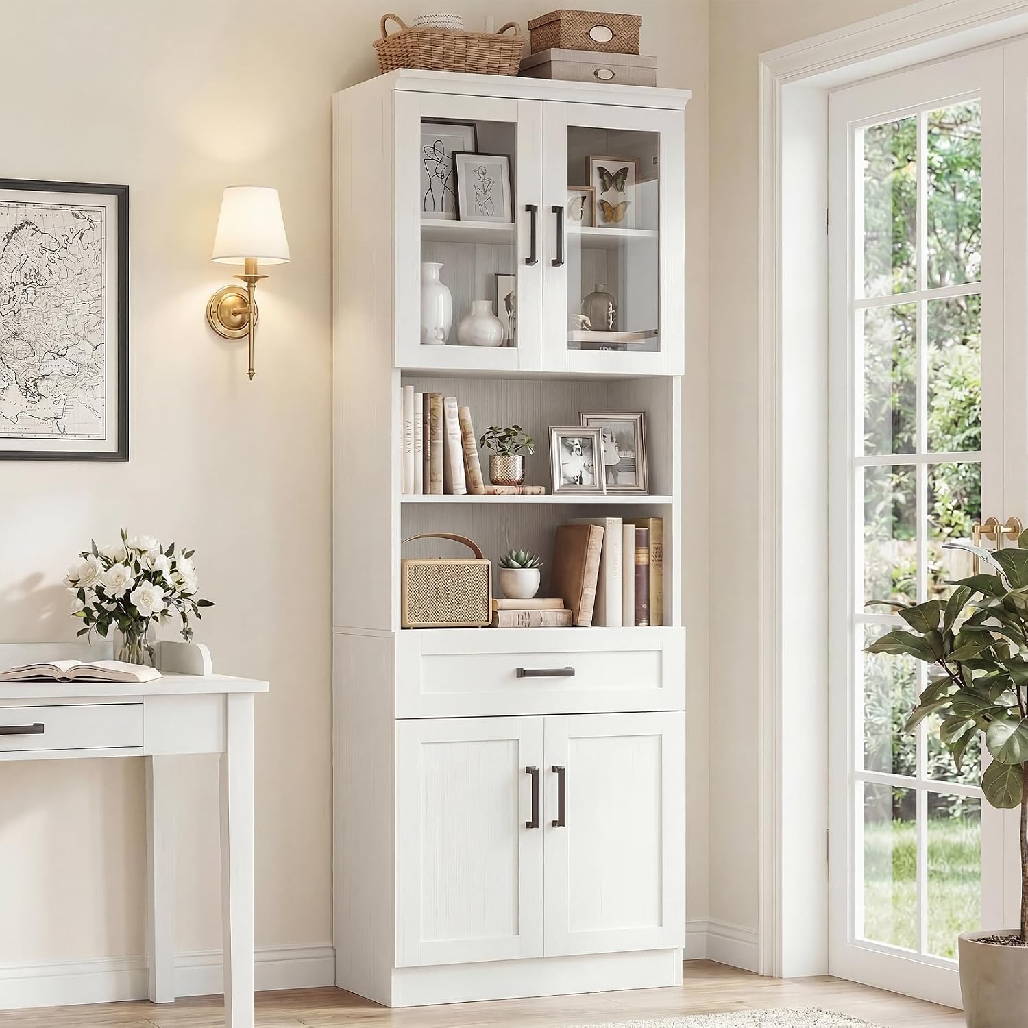 White Tall Glass Pantry Hutch Cabinet