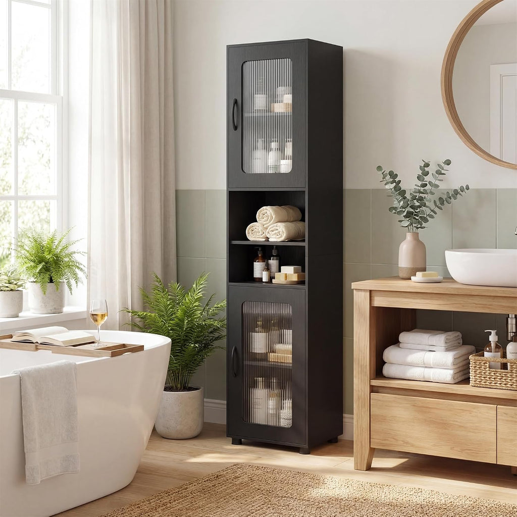 Black 67in Fluted Door Slim Cabinet