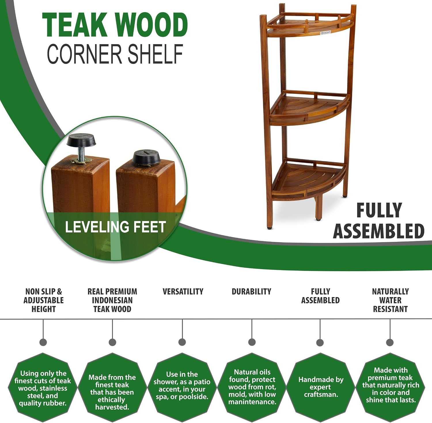 3-Tier Teak Corner Shower Shelf