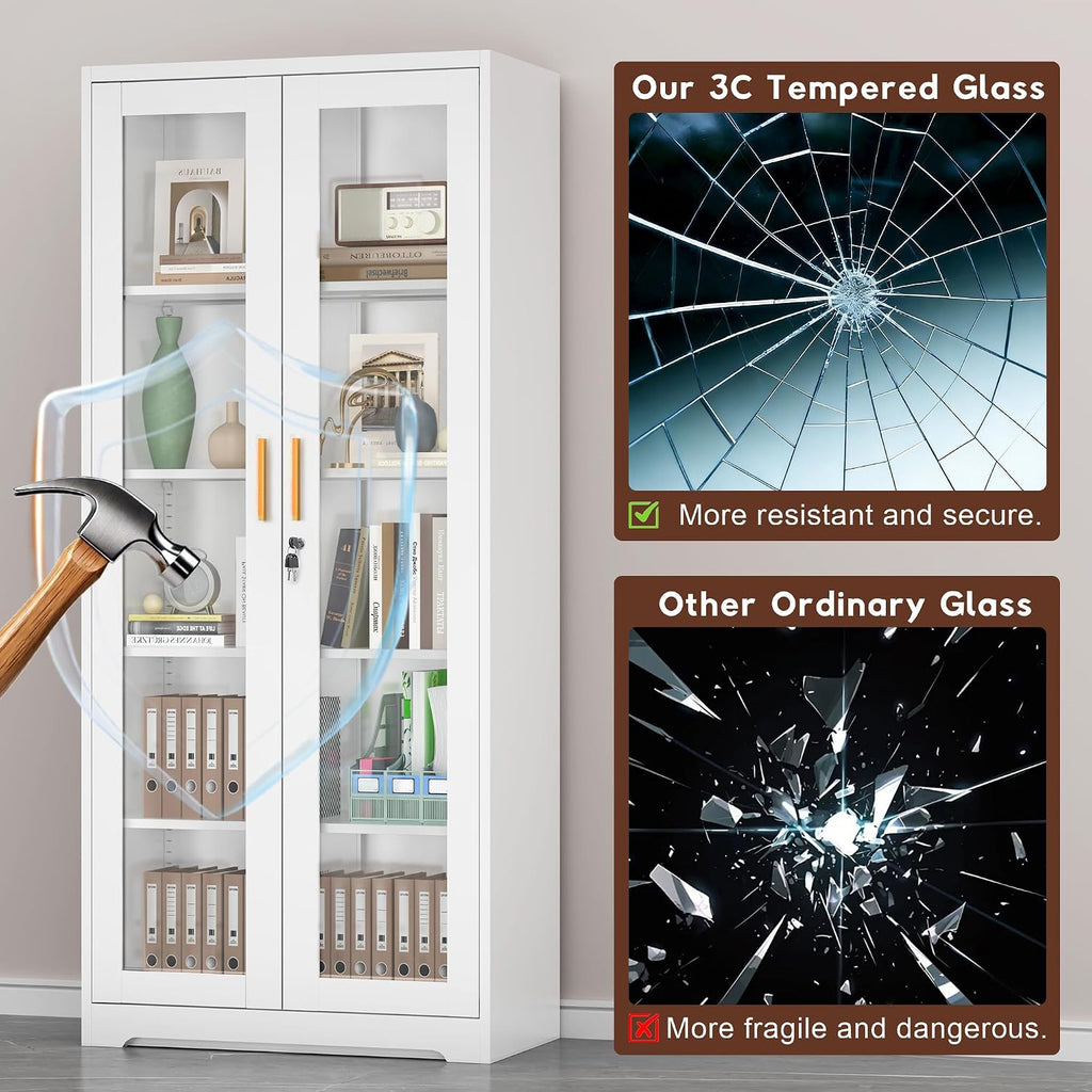 White Lockable Metal Glass Display Cabinet