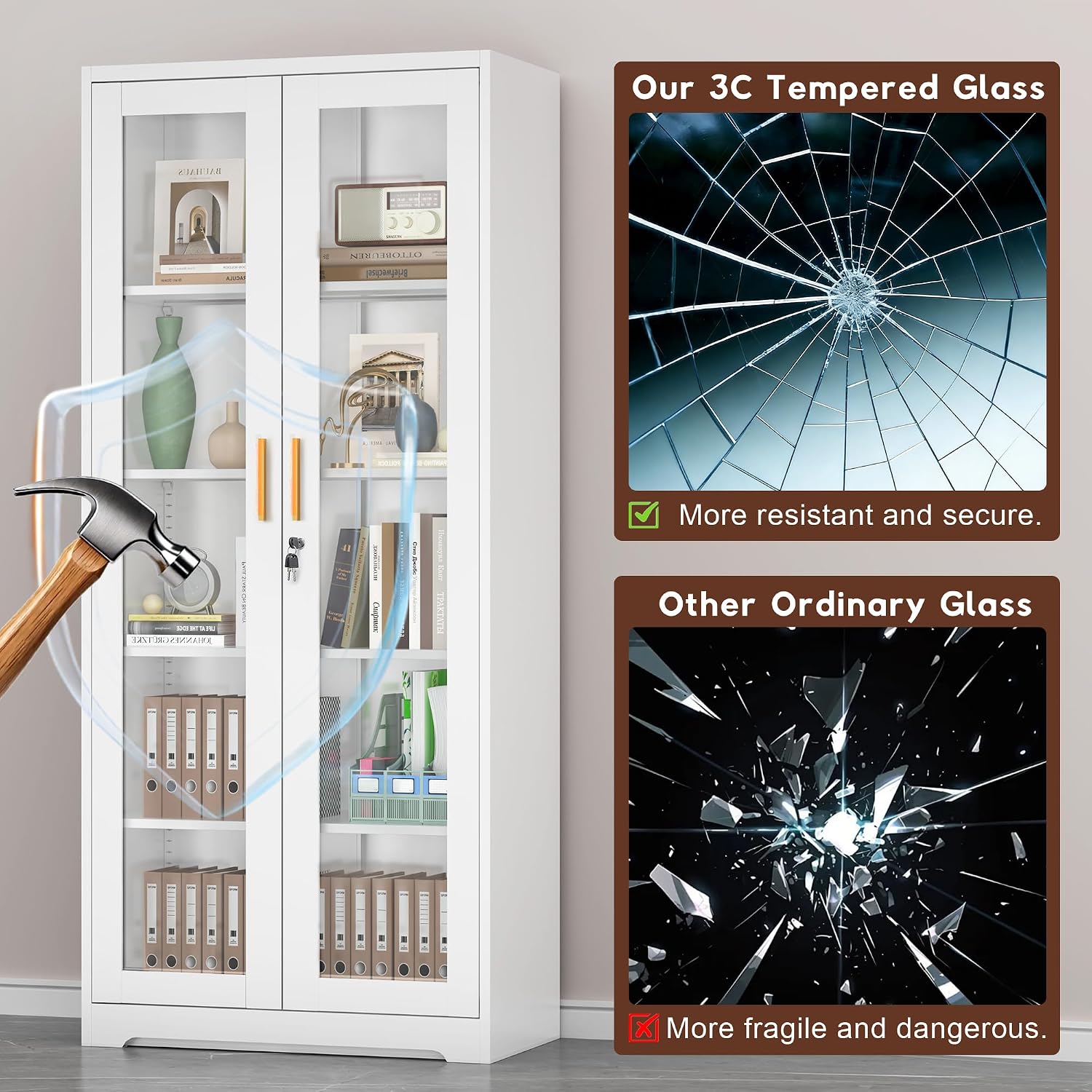 White Lockable Metal Glass Display Cabinet