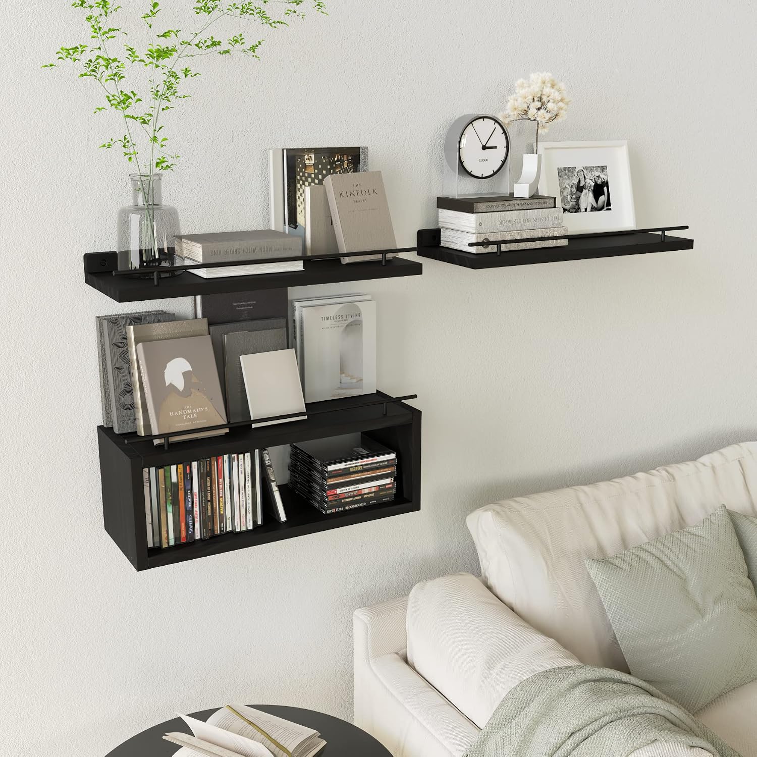 Black Floating Shelves With Cube & Metal Rail