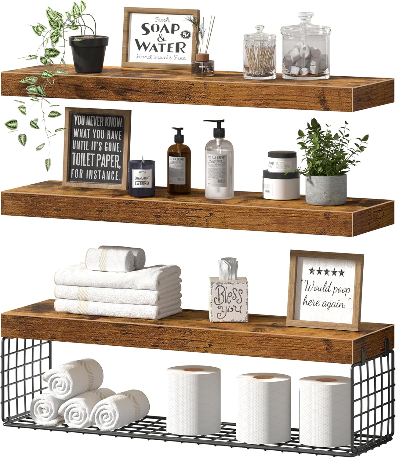 24 Inch Rustic 3-Pack Wall Floating Shelves
