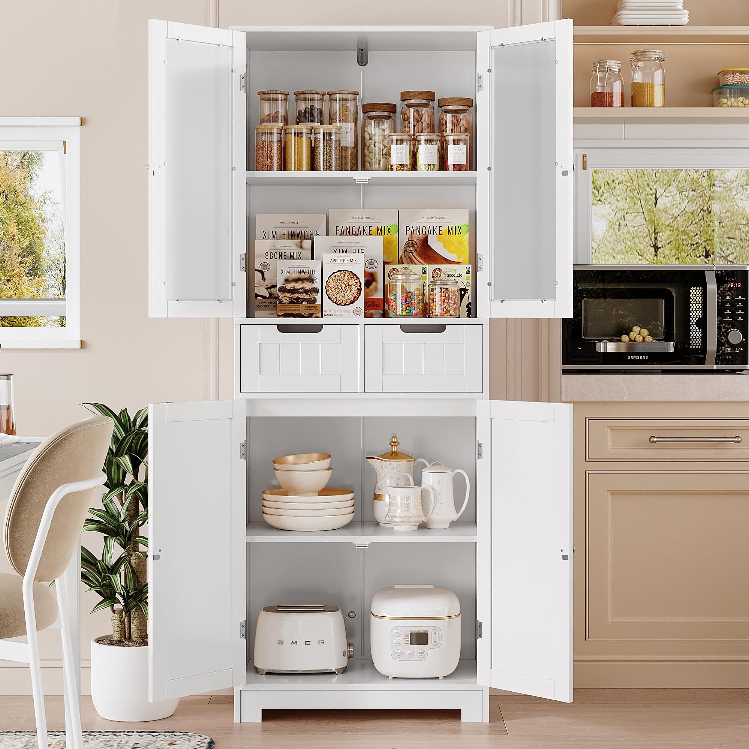 White Glass Tall Linen Storage Cabinet