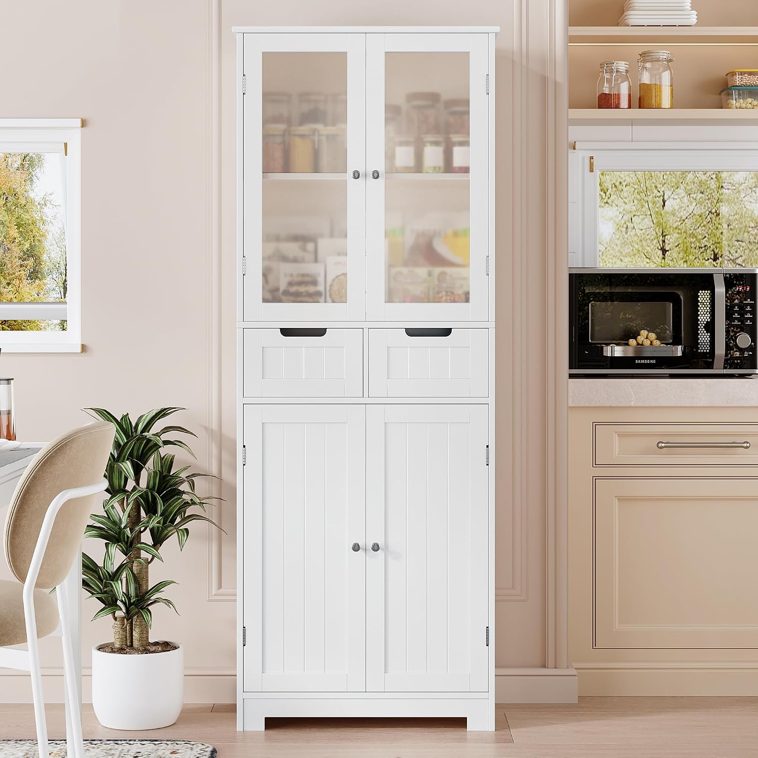 White Glass Tall Linen Storage Cabinet