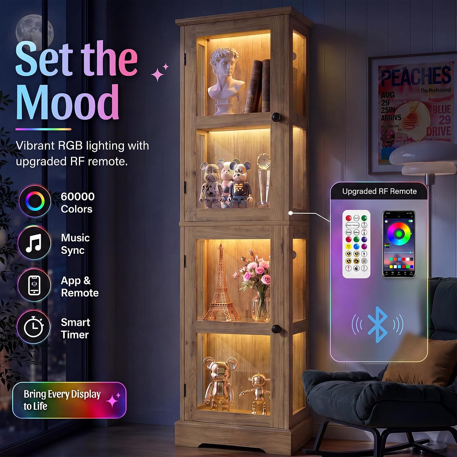 Yellow Oak RGB Slim Glass Storage Cabinet