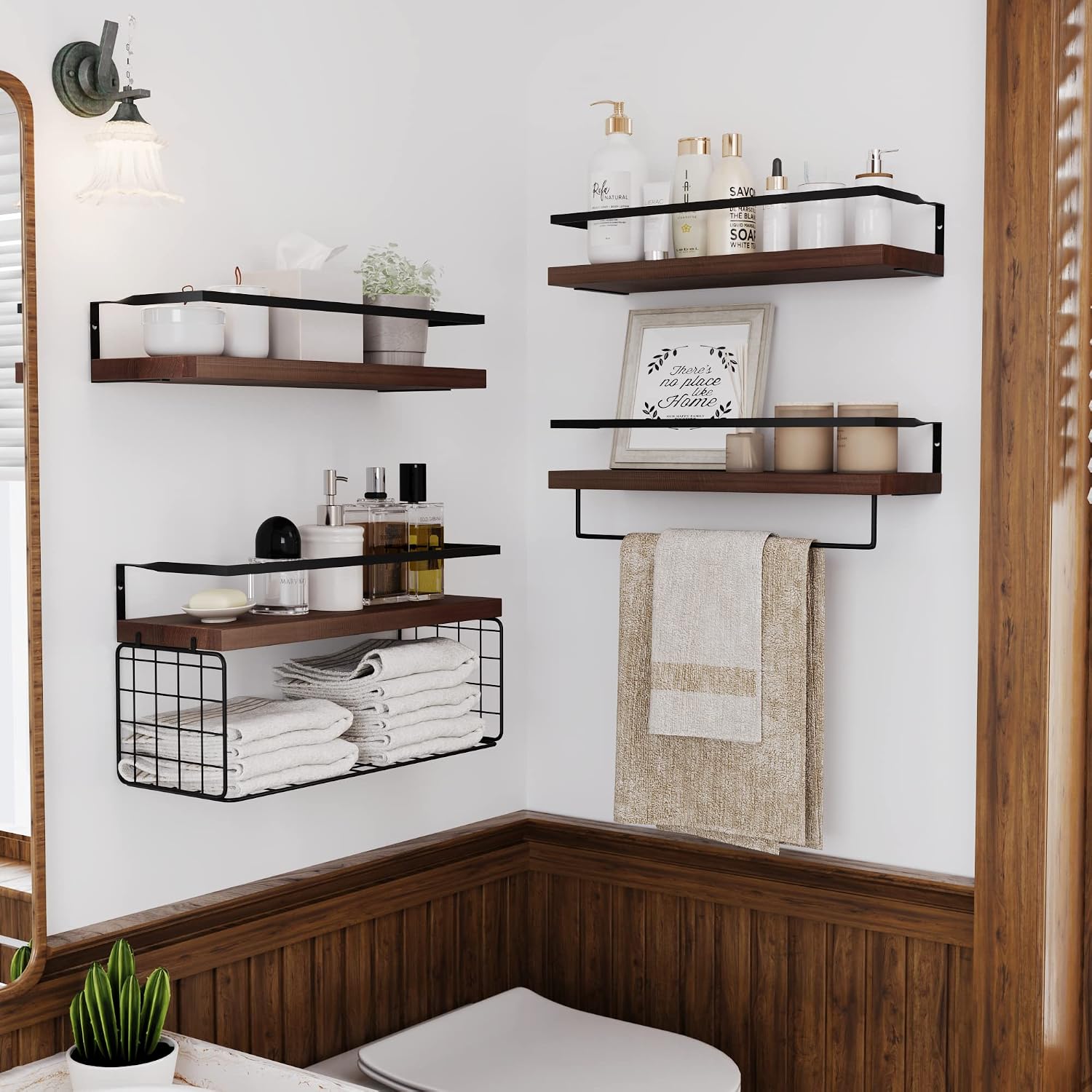 4-Tier Rustic Floating Shelves With Towel Bar