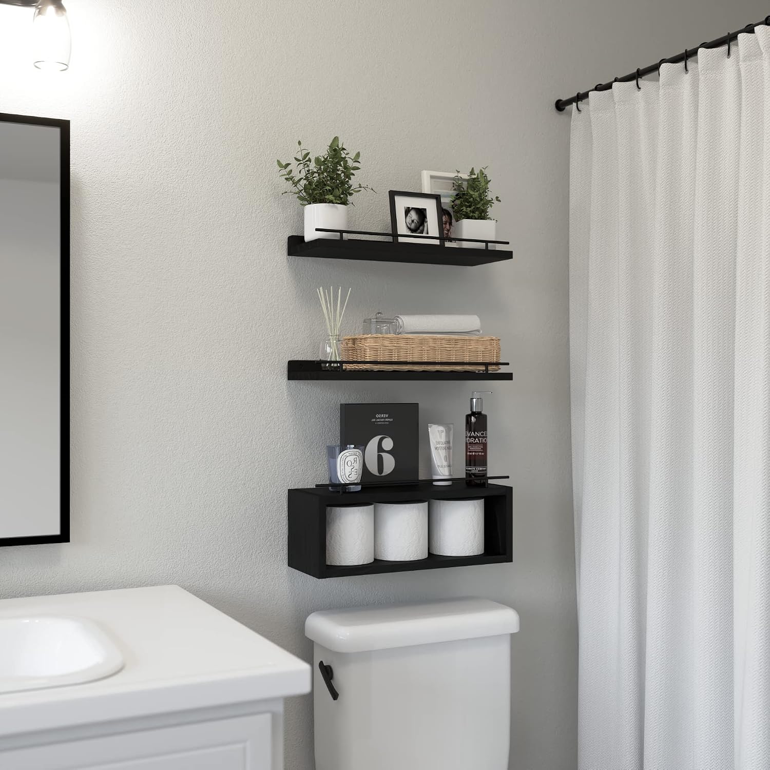 Black Floating Shelves With Cube & Metal Rail