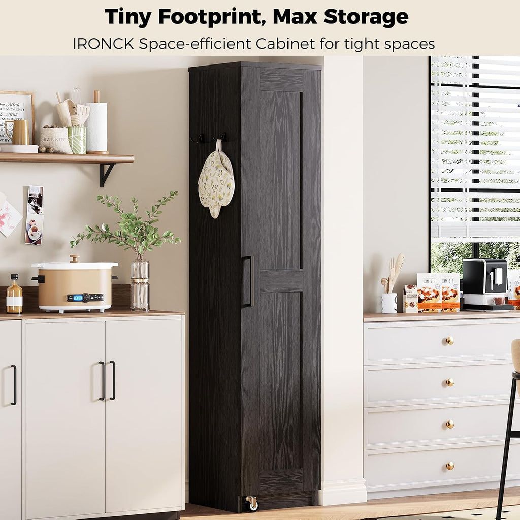 72in Black Rolling Slim Pantry Cabinet