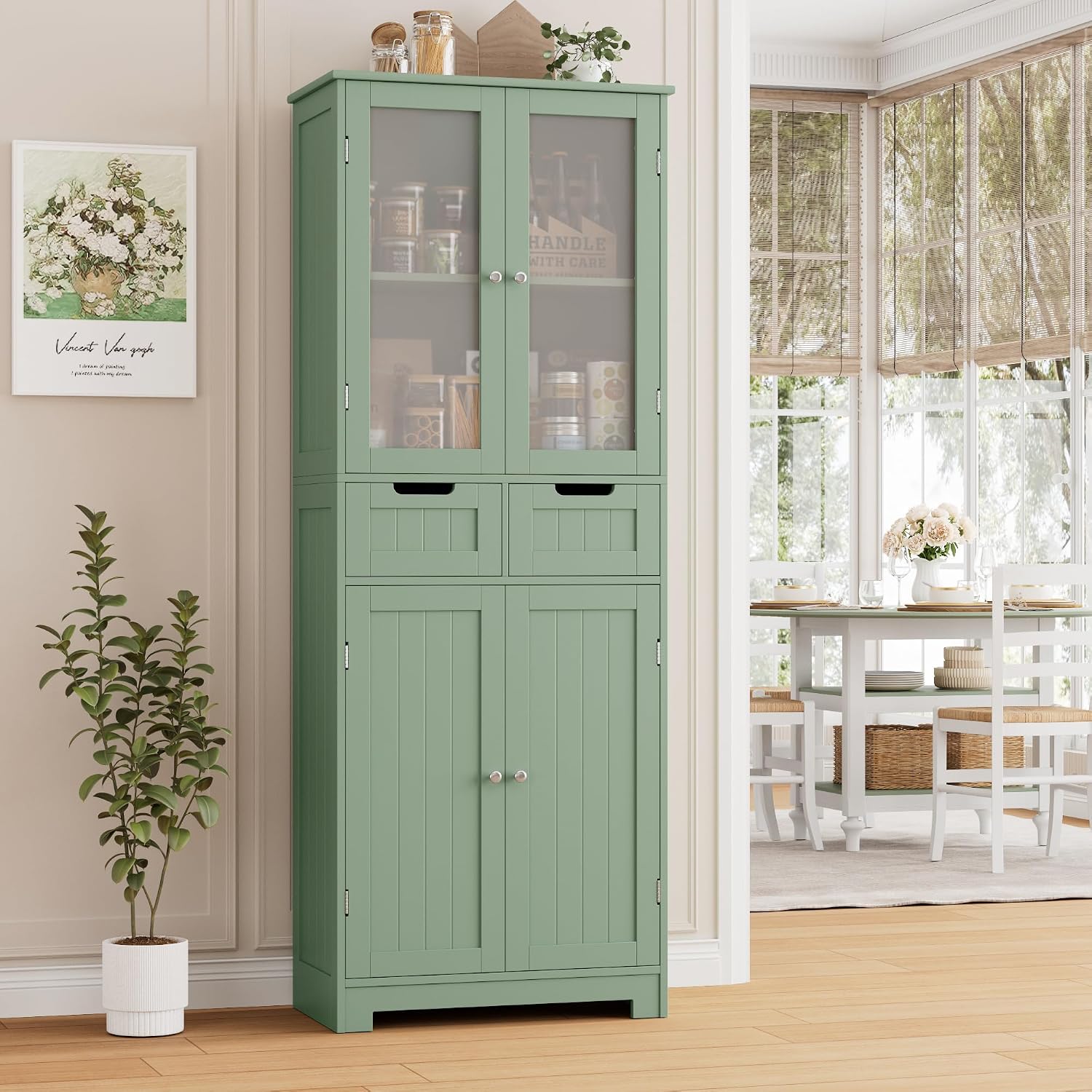 Green Glass Tall Linen Storage Cabinet