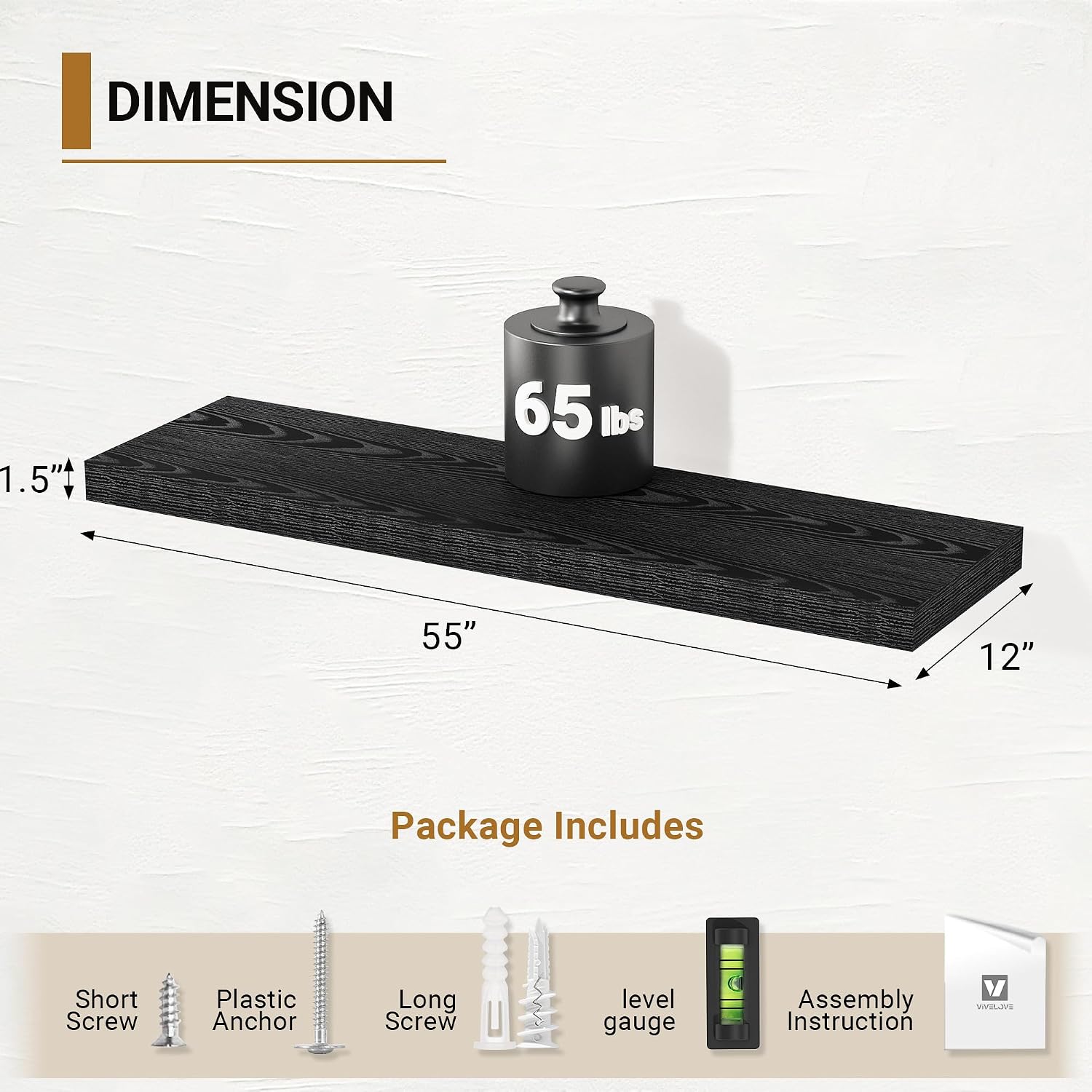 2-Pack Black 55in Floating Shelves