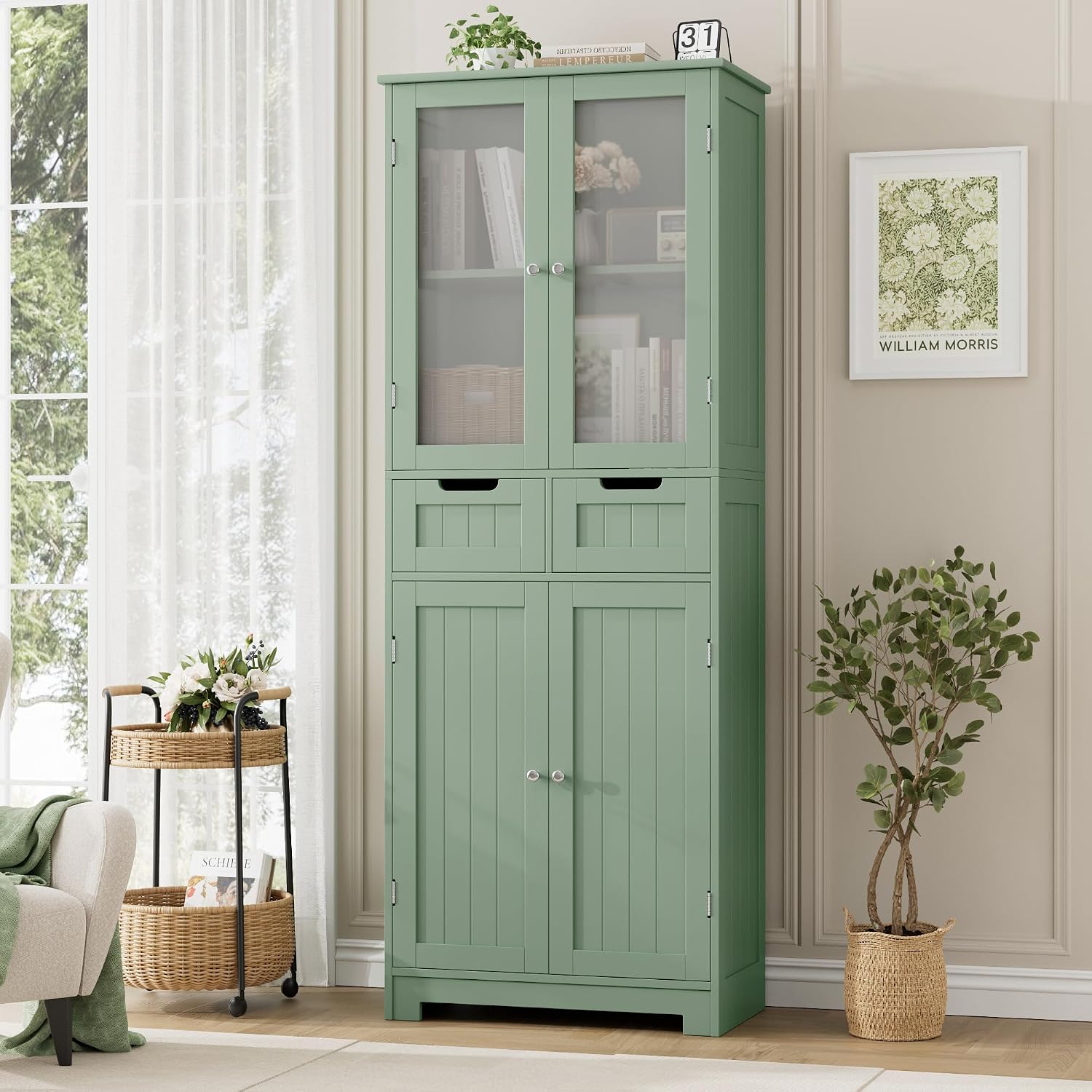 Green Glass Tall Linen Storage Cabinet
