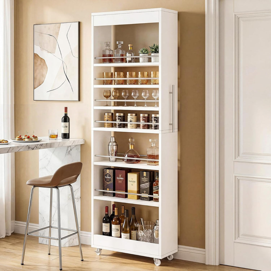 73in White Rolling Slim Pantry Cart
