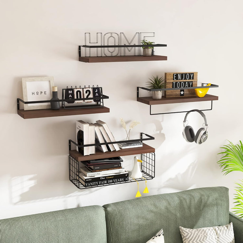 4-Tier Rustic Floating Shelves With Towel Bar