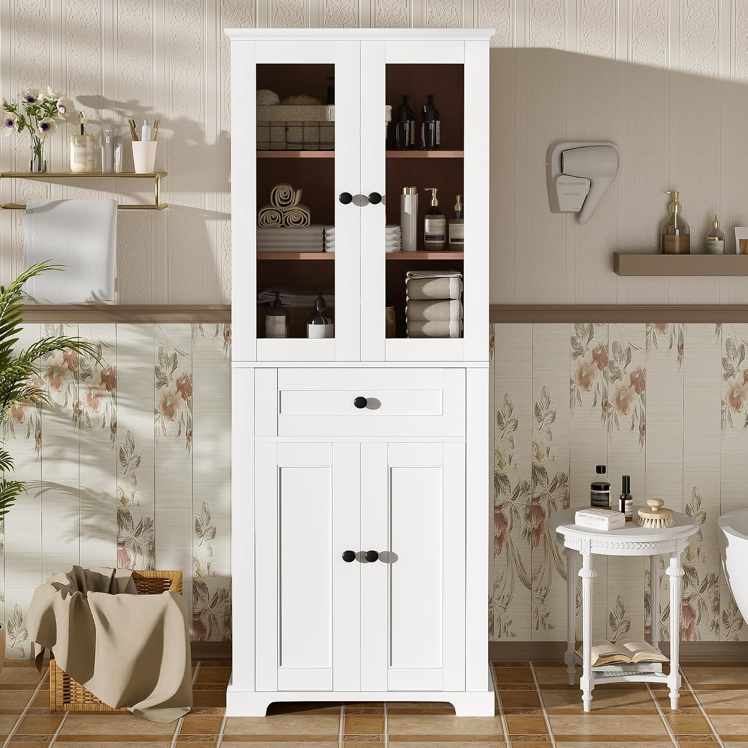 White Modern Tall Linen Storage Cabinet