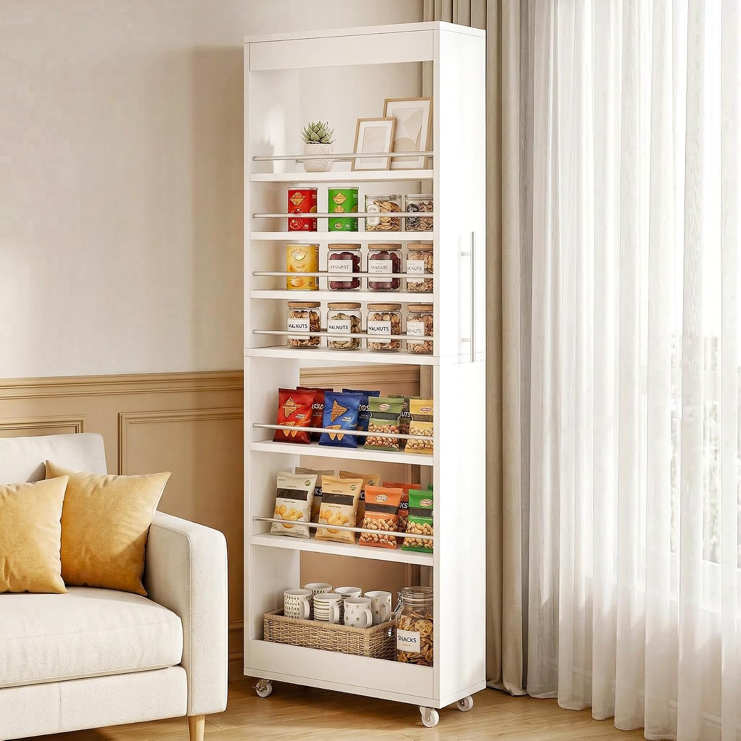 73in White Rolling Slim Pantry Cart