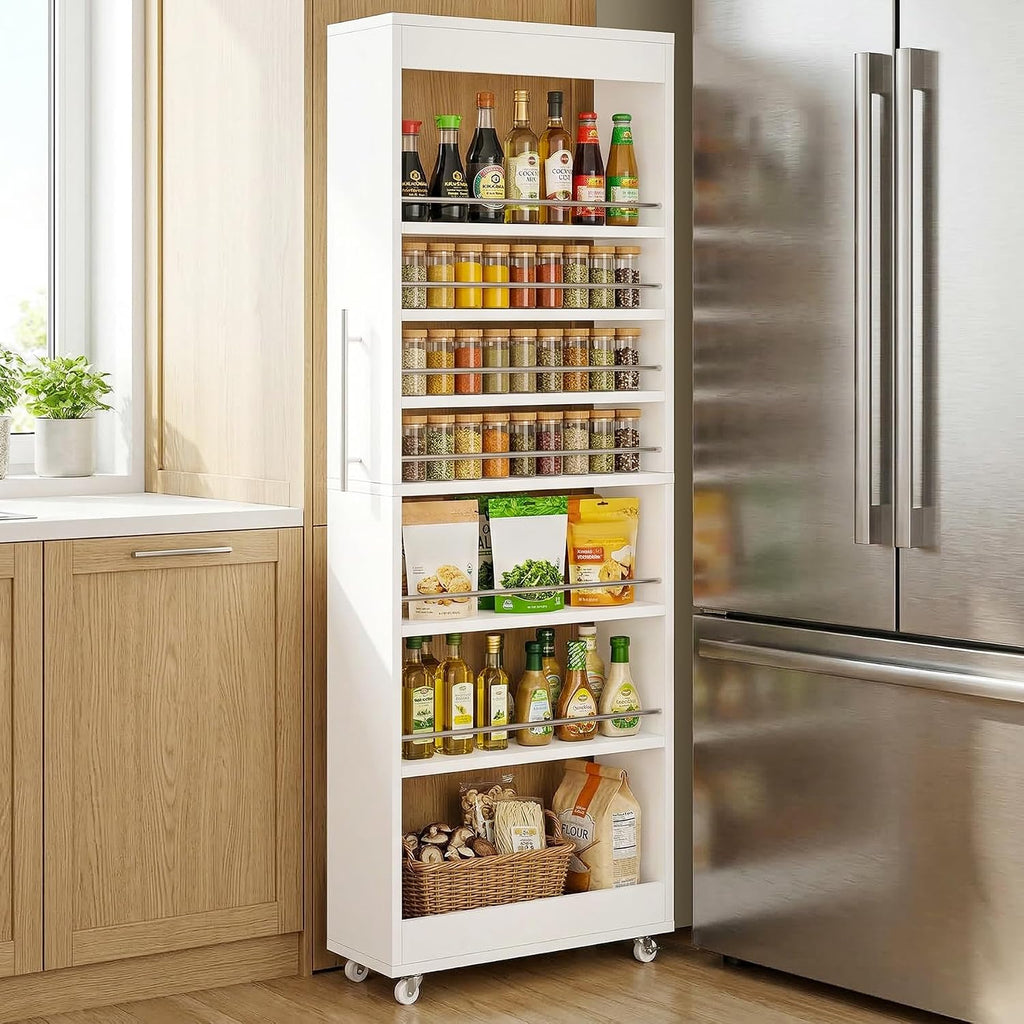 73in White Rolling Slim Pantry Cart
