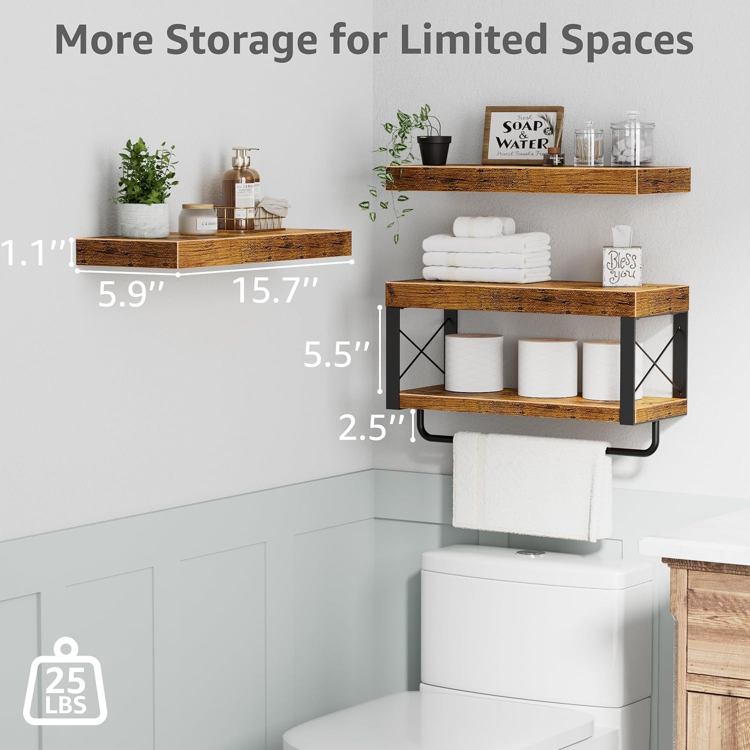 3-Pack 16in Rustic Floating Shelves