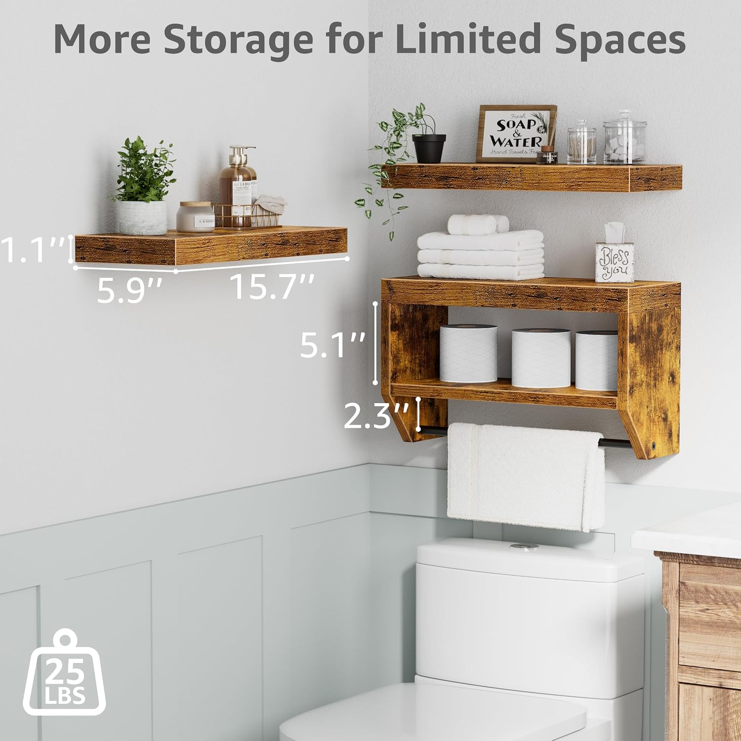 3-Pack 16in Rustic Floating Shelves