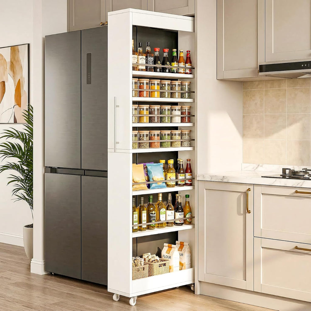 73in White Rolling Slim Pantry Cart