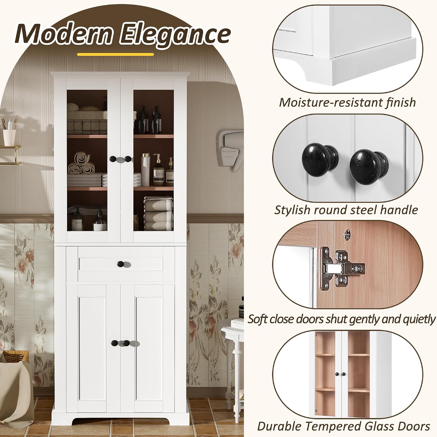 White Modern Tall Linen Storage Cabinet