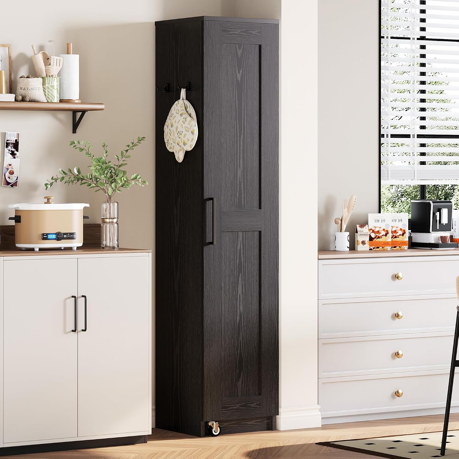 72in Black Rolling Slim Pantry Cabinet