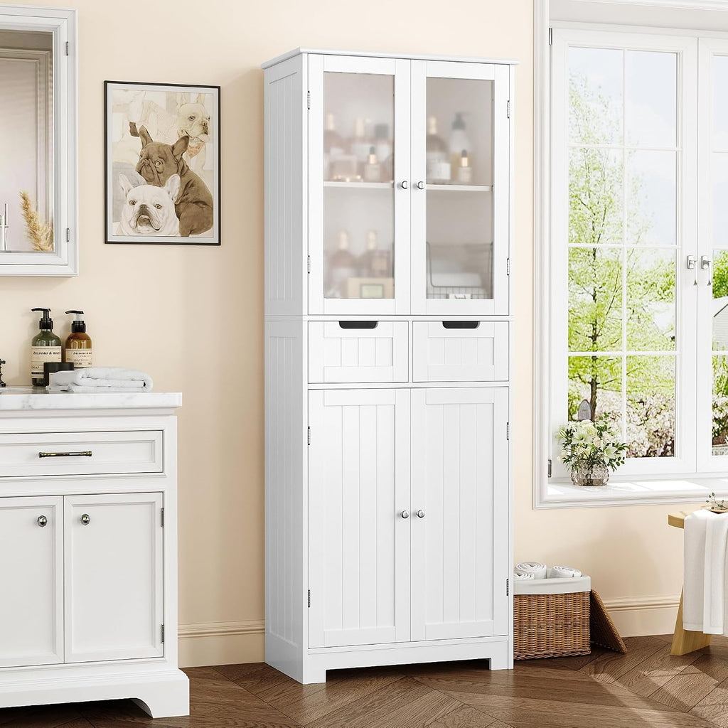 White Glass Tall Linen Storage Cabinet
