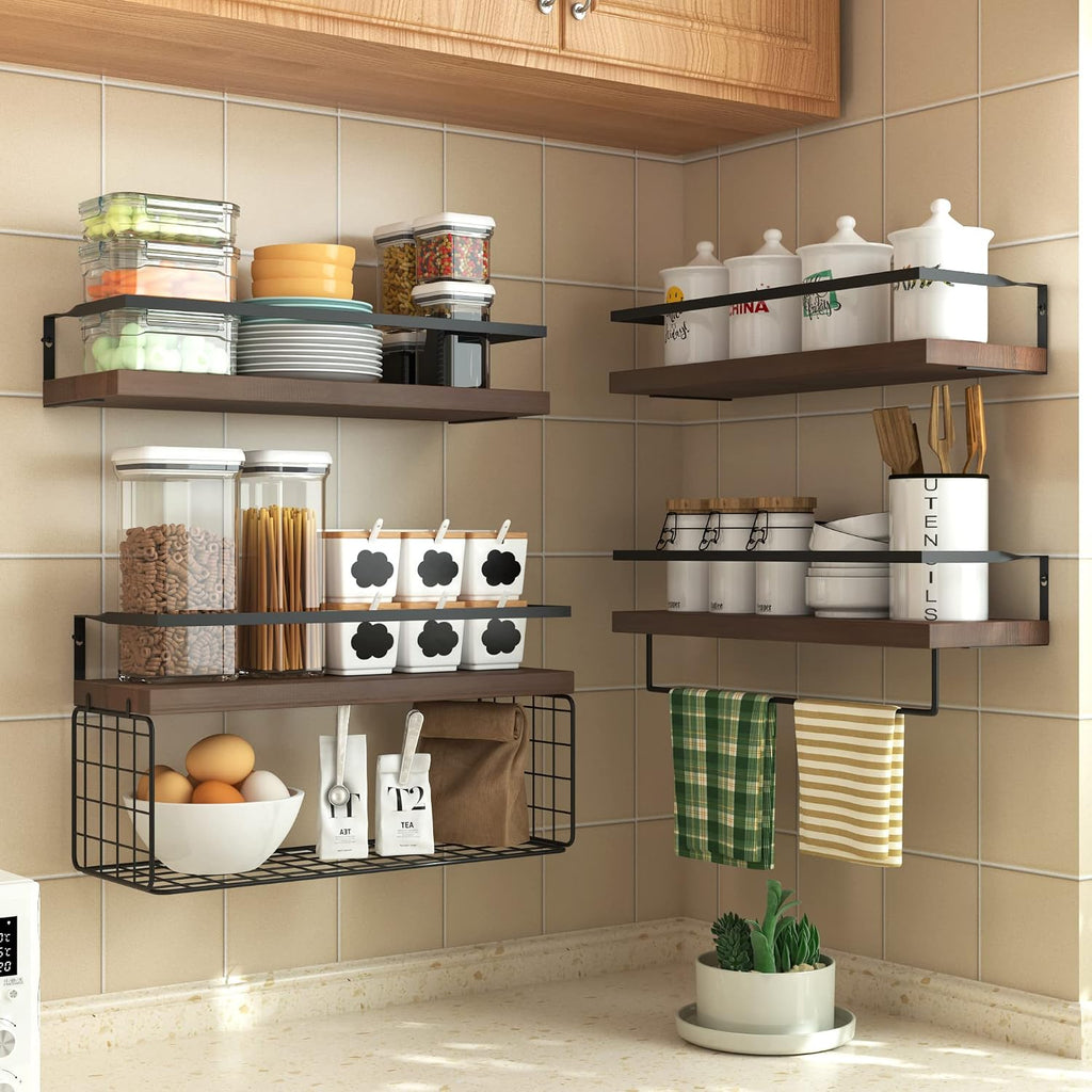 4-Tier Rustic Floating Shelves With Towel Bar