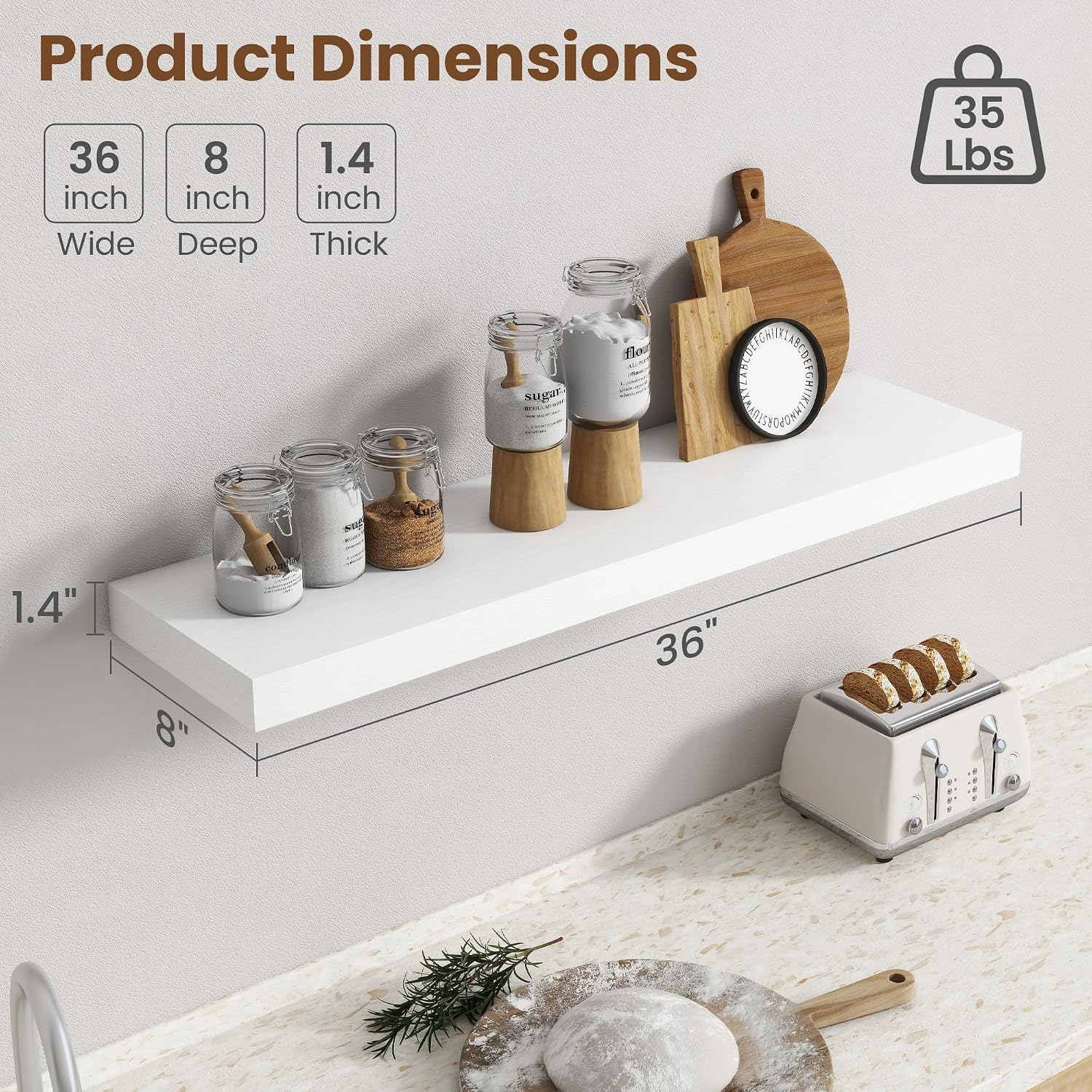 Set Of 2 White 36 Inch Floating Shelves