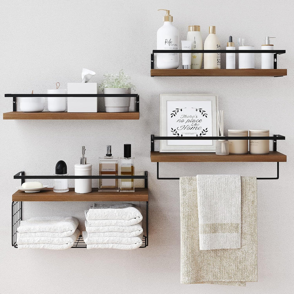 4-Tier Rustic Floating Shelves With Towel Bar