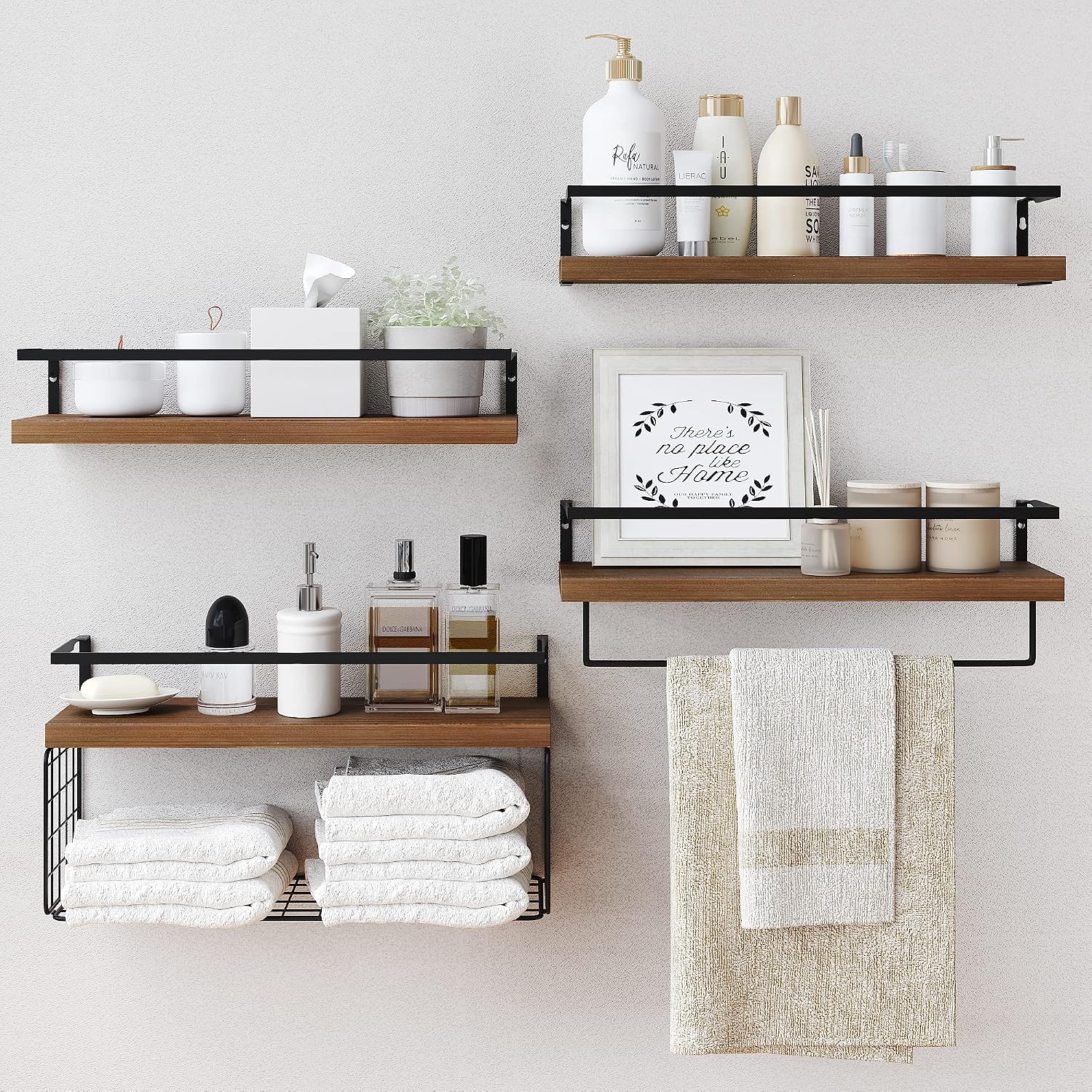 4-Tier Rustic Floating Shelves With Towel Bar